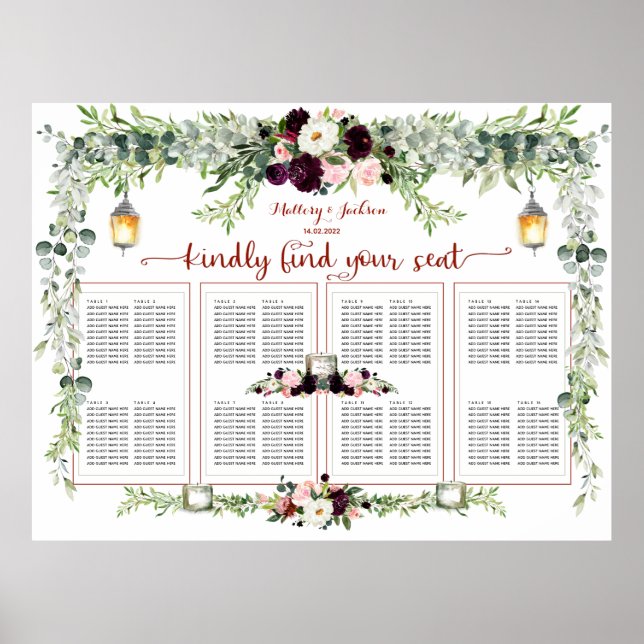 Burgundy Blush Greenery 160 Guest Seating Poster (Front)