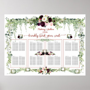 Burgundy Blush Greenery Garland 160 Guest Seating Poster