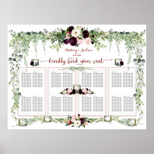 Burgundy Blush Greenery Garland 160 Guest Seating Poster (Front)
