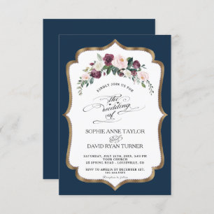 Burgundy Blush Ivory Floral Bloom Gold Wedding Invitation