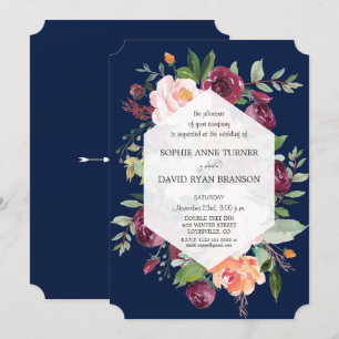 Burgundy Blush Ivory Floral Dark Blue Wedding Invitation