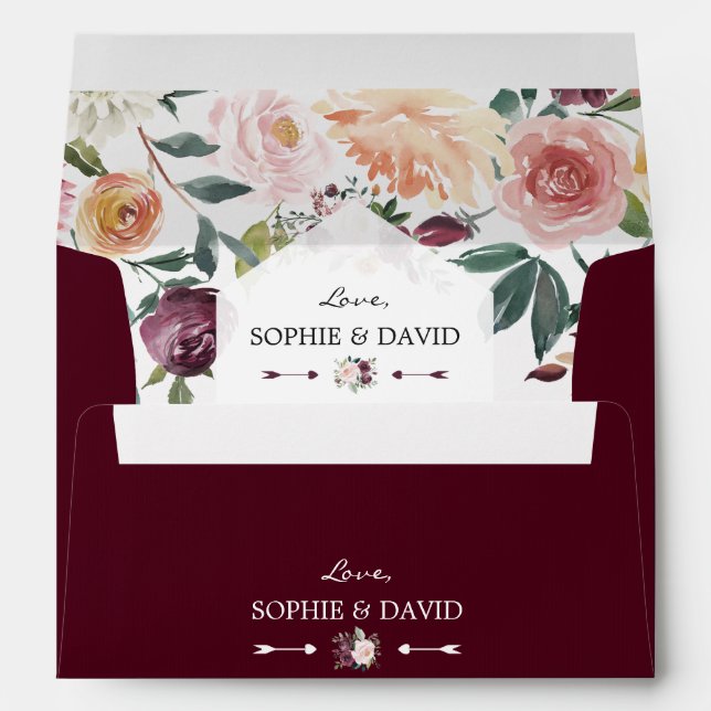 Burgundy Blush Ivory Floral Geometric Wedding Envelope (Back (Bottom))