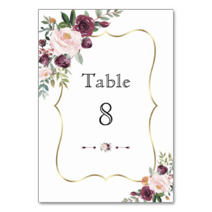 Burgundy Blush Ivory Floral Gold Frame Wedding Table Number