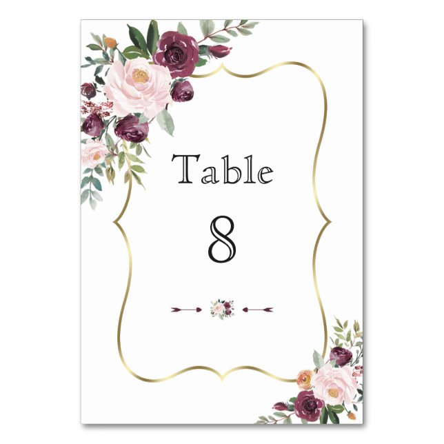 Burgundy Blush Ivory Floral Gold Frame Wedding Table Number (Front)