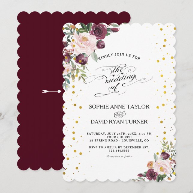 Burgundy Blush Ivory Floral Maroon Gold Wedding Invitation (Front/Back)