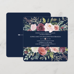 Burgundy Blush Ivory Floral Navy Blue Wedding Invitation