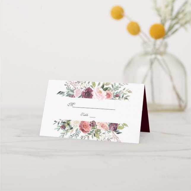 Burgundy Blush Ivory Floral Wreath Wedding Place Card (Back)