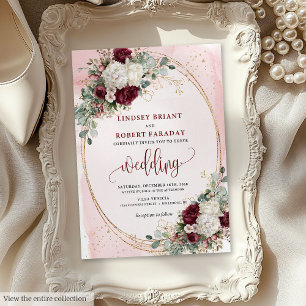 Burgundy Blush Maroon Rose Wedding Invitation 