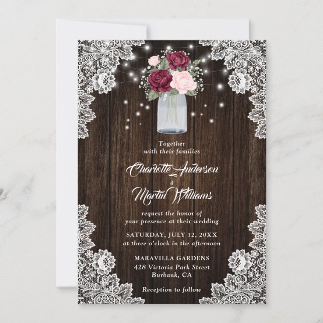 Burgundy Blush Mason Jar Lace Floral Wedding Invitation (Front)