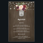 Burgundy Blush Mason Jar Rustic Wedding Menu Cards<br><div class="desc">Design features a rustic watercolor wood grain background with twinkle string lights at the top. Design also features a beautiful mason jar filled with burgundy,  red,  plum,  and blush peonies and roses with eucalyptus botanical greenery. Change the demo initials to your very own.</div>