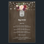 Burgundy Blush Mason Jar Rustic Wedding Menu Cards<br><div class="desc">Design features a rustic watercolor wood grain background with twinkle string lights at the top. Design also features a beautiful mason jar filled with burgundy,  red,  plum,  and blush peonies and roses with eucalyptus botanical greenery. Change the demo initials to your very own.</div>