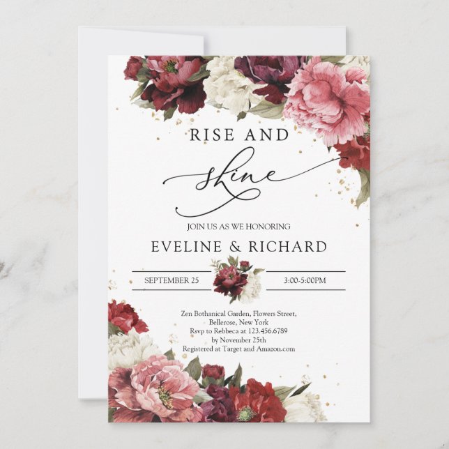 Burgundy blush mauve peonies gold rise and shine invitation (Front)