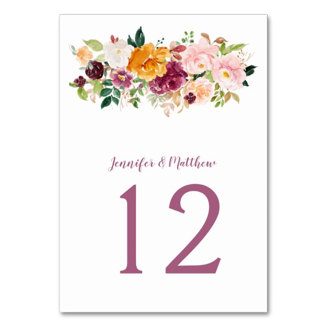 Burgundy Blush Mauve Saffron Floral Bouquet Table Number (Front)