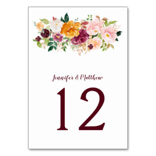 Burgundy Blush Mauve Saffron Floral Bouquet Table Number