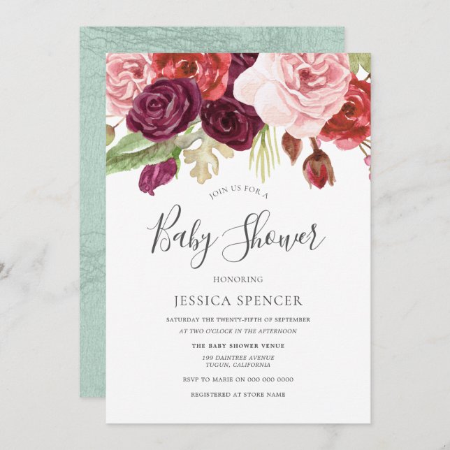 Burgundy Blush & Mint Floral Baby Shower Invite (Front/Back)
