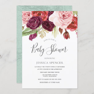 Burgundy Blush & Mint Floral Baby Shower Invite