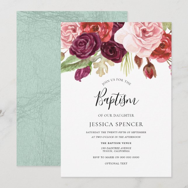 Burgundy Blush & Mint Floral Baptism Invite (Front/Back)