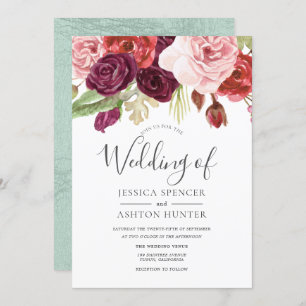 Burgundy Blush Mint Trendy All Seasons Wedding Invitation
