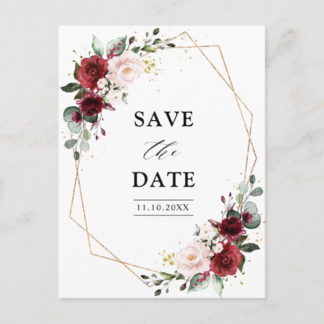 Burgundy Blush Modern Geometric Save the Date Postcard (Front)