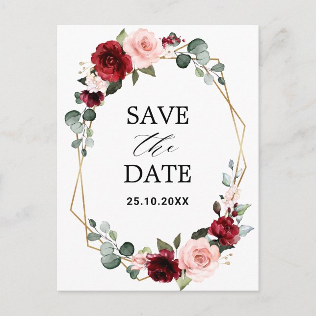 Burgundy Blush Modern Geometric Save the Date Postcard (Front)
