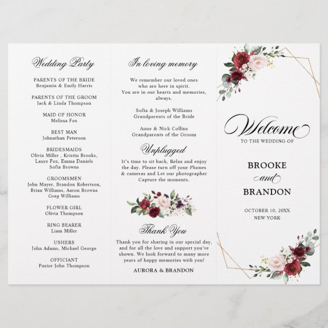Burgundy Blush Modern Geometric Wedding Program (Front)