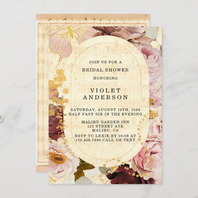 Burgundy Blush Musical Floral Bridal Shower Invitation (Front/Back)