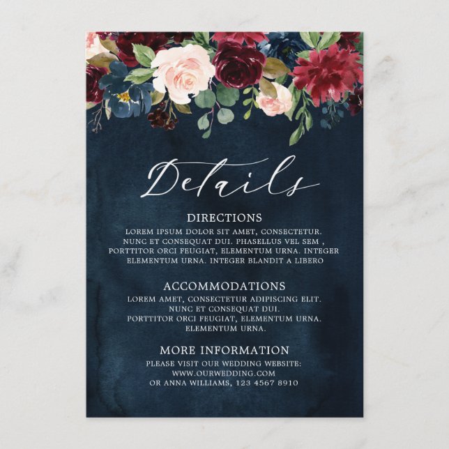 Burgundy Blush Navy Blue Botanical Floral Boho Enclosure Card (Front)