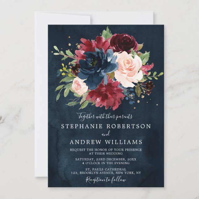 Burgundy Blush Navy Blue Botanical Floral Wedding Invitation (Front)