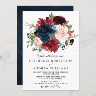 Burgundy Blush Navy Blue Botanical Floral Wedding Invitation
