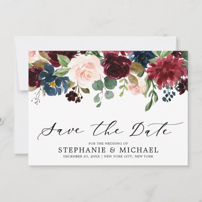 Burgundy Blush Navy Blue Botanical Floral Wedding Save The Date (Front)