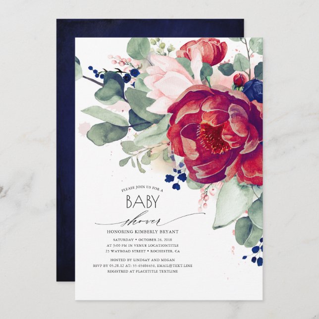 Burgundy Blush Navy Blue Floral Baby Shower Invitation (Front/Back)