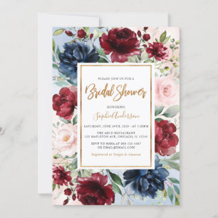 Burgundy Blush Navy Blue Floral  Bridal Shower Invitation