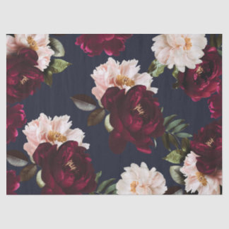 Burgundy Blush Navy Blue Floral Dark Moody Peonies Tissue Paper
