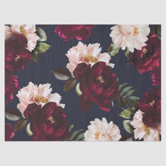 Burgundy Blush Navy Blue Floral Dark Moody Peonies Tissue Paper (Front)