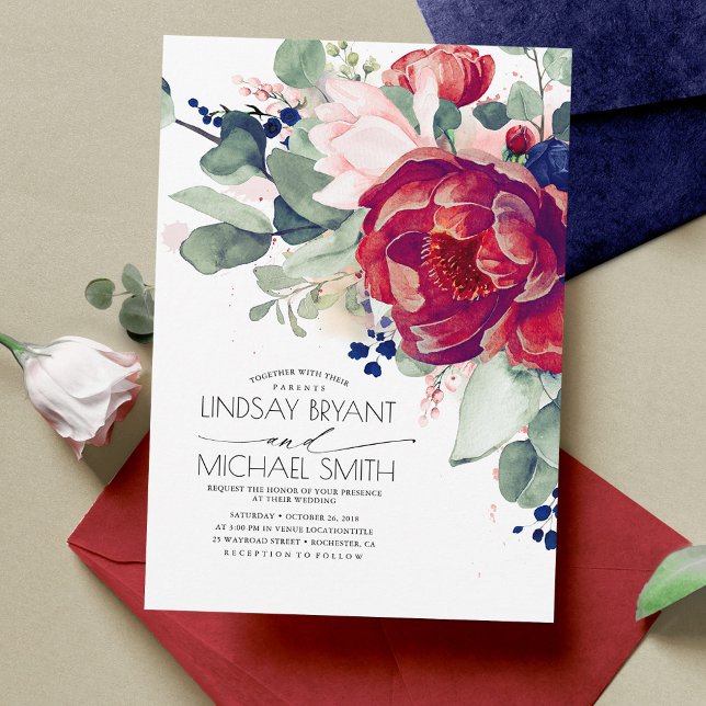 Burgundy Blush Navy Blue Floral Elegant Wedding Invitation (Burgundy Red and Navy Blue Floral Wedding Invitations)