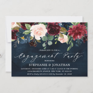 Burgundy Blush Navy Blue Floral Engagement Party Invitation