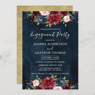 Burgundy Blush Navy Blue Floral Engagement Party Invitation