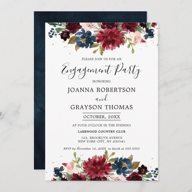 Burgundy Blush Navy Blue Floral Engagement Party Invitation (Front/Back)