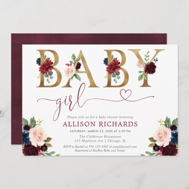 Burgundy blush navy blue floral Girl baby shower Invitation (Front/Back)