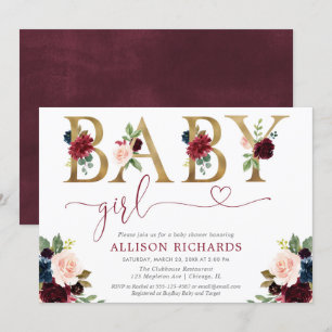 Burgundy blush navy blue floral Girl baby shower Invitation