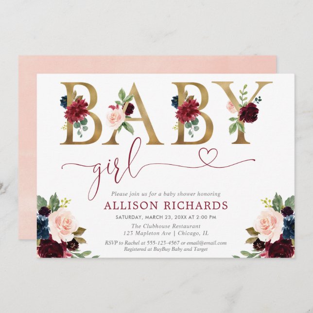Burgundy blush navy blue floral Girl baby shower Invitation (Front/Back)