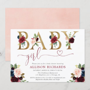 Burgundy blush navy blue floral Girl baby shower Invitation