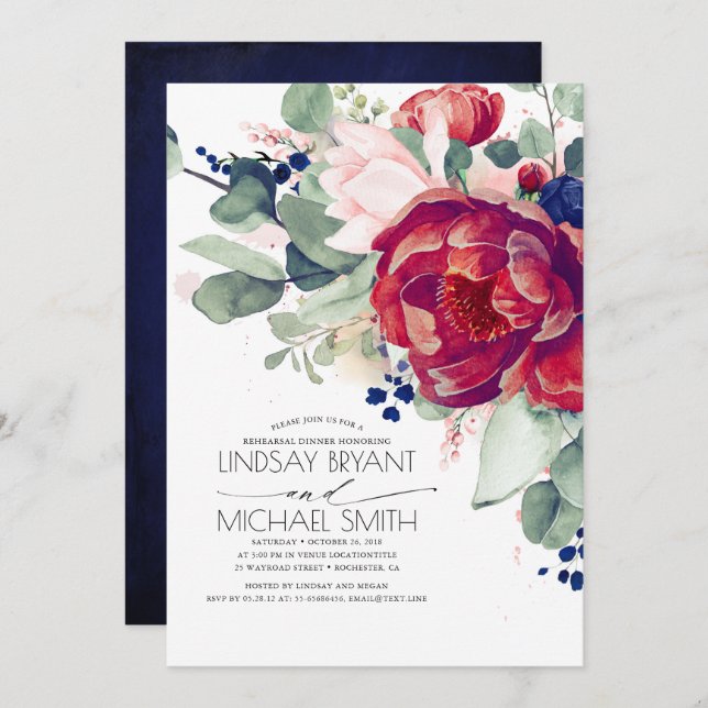 Burgundy Blush Navy Blue Floral Rehearsal Dinner Invitation (Front/Back)