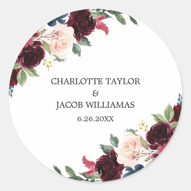 Burgundy Blush Navy Blue Floral Rustic Wedding Classic Round Sticker (Front)
