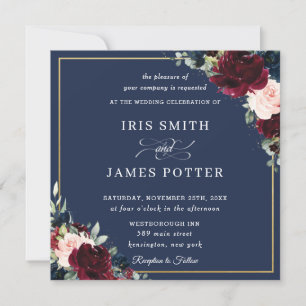 Burgundy Blush Navy Blue Floral Wedding Square Invitation