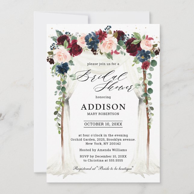 Burgundy Blush Navy Floral Arch Bridal Shower Invitation (Front)