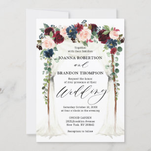 Burgundy Blush Navy Floral Arch Canopy Wedding Invitation