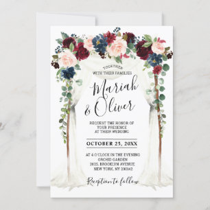 Burgundy Blush Navy Floral Arch Canopy Wedding Invitation