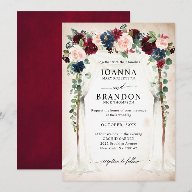 Burgundy Blush Navy Floral Arch Canopy Wedding Invitation (Front/Back)