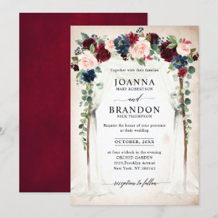 Burgundy Blush Navy Floral Arch Canopy Wedding Invitation